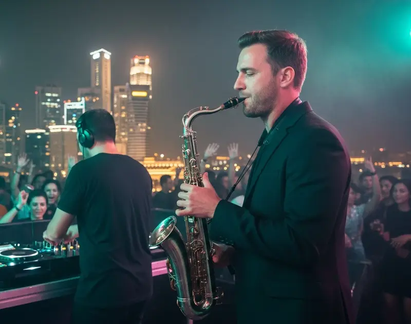 DJ and saxophonist performing together for a dancing crowd at a Singapore rooftop party