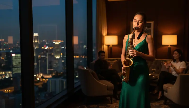 Female saxophonist in Singapore playing a gold alto saxophone in a hotel lounge at night