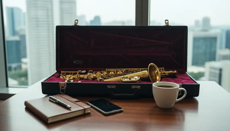 Gold alto saxophone resting on its open case beside an event planner's notebook, for working out what a saxophonist costs in Singapore