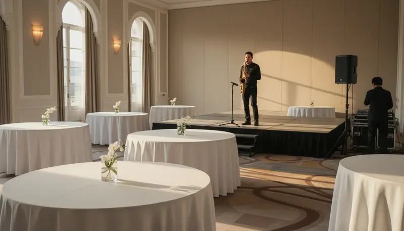 Saxophonist doing a sound check at a microphone in an empty hotel ballroom before a Singapore event