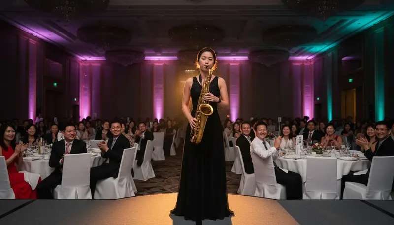 Saxophonist for a corporate event in Singapore playing on stage at a company dinner and dance in a hotel ballroom