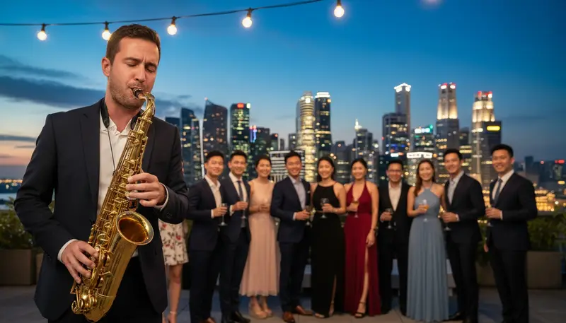Saxophonist in Singapore playing for guests at an evening rooftop party with the city skyline behind