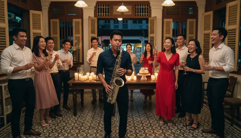 Saxophonist playing for friends at a private birthday party in a Singapore shophouse
