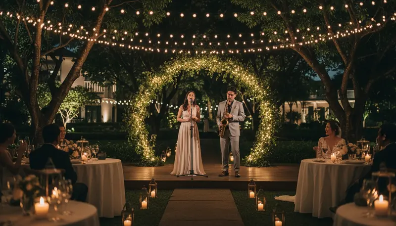 Singer and saxophonist duo performing at a wedding reception in a Singapore garden venue