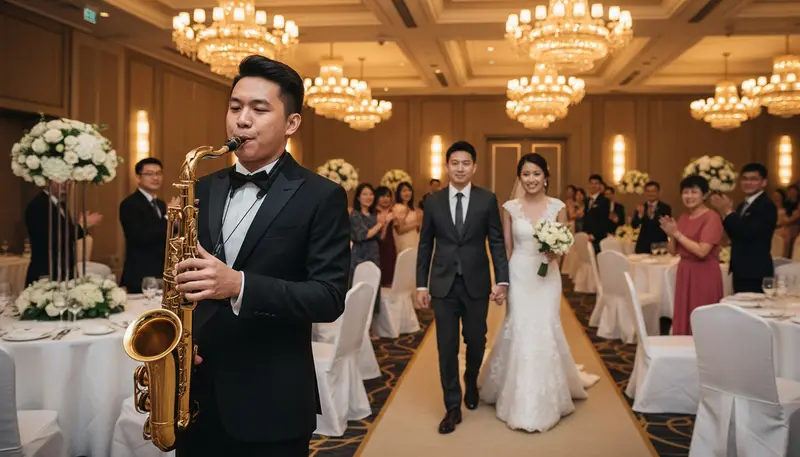 Wedding saxophonist in Singapore playing as the bride and groom walk into a hotel ballroom reception